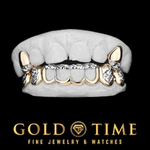 Custom 10 Piece Grillz Set with Trillion Tips and Open Windows in Two-Tone Gold or Silver -  Custom Fit Handmade Grillz