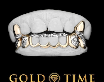 Custom 10 Piece Grillz Set with Trillion Tips and Open Windows in Two-Tone Gold or Silver -  Custom Fit Handmade Grillz