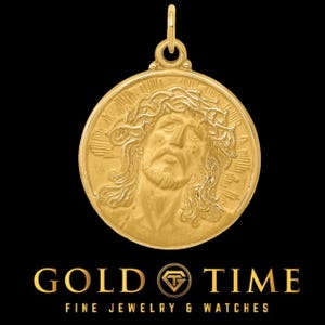 14K Solid Yellow Gold Jesus Medallion Pendant – Engravable Religious Charm with Gift Box, 28mm Length, 14K Gold Jewelry