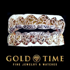 12-Piece Nugget Grillz with Trillion Diamond-Cut Tips - Custom Top & Bottom Set in Silver, Gold-Plated, 10k or 14k Gold
