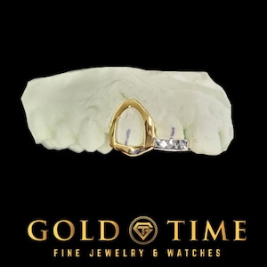 Custom Grillz - Double Cap Trillion Diamond-Cut Incisor with Open Face Canine - 10k, 14k Gold, Silver - Yellow, White, Rose