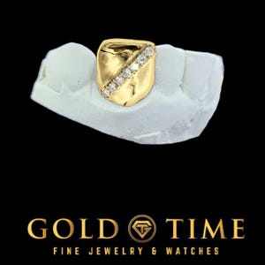 Custom Single Cap Grillz with Diagonal CZ Row – Silver or Gold Tooth Cap – Handmade Fit – Impression Kit Included – Made to Order