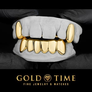 Custom Gold Grillz – Solid Top Canines & Bottom 6 Solid Teeth – Custom-Made Dental Grill – Gold, Silver, Rose Gold – Handmade Mouth Grillz