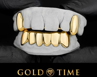 Custom Classic Solid Grillz 2 Canine Top 6 Piece Bottom Set - Sterling Silver, 8K, 10K, 14K Gold - Yellow, White, Rose Options