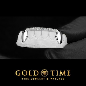 Custom 6-delige grillz: massieve hoektanden met moissanietpunten, handgemaakt