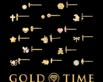 14K Yellow Gold Children’s Stud Earrings - Multiple Designs, Includes Gift Box