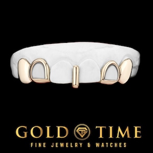 Custom Handmade Grillz with Solid Canines, Open Face Incisors and Solid Gap Bar – Silver, 10k, 14k Gold - Yellow, White, Rose