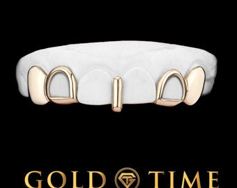 Custom Handmade Grillz with Solid Canines, Open Face Incisors and Solid Gap Bar – Silver, 10k, 14k Gold - Yellow, White, Rose