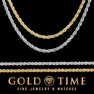 Solid Gold Rope Chain 3mm for Men & Women, 10k or 14k Yellow White Gold, Polished Diamond-Cut Necklace, Bracelet, or Anklet