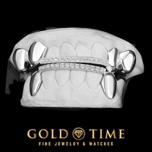 Custom Gold Grillz -14 Piece Set - Solid Edges with CZ Tips - 10k, 14k or Silver - Yellow, White, Rose - High End Luxury Quality