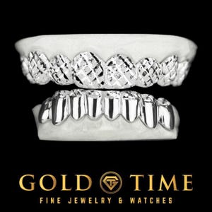 16-Piece Custom Grillz Set – Trillion Diamond-Cut & Dust Tips – Top and Bottom – Solid Gold or Silver – Includes Impression Kit