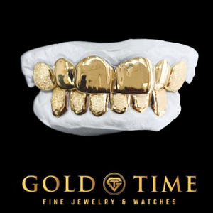 Custom Handmade Grillz Perm Cut Classic & Diamond Dust Combo Top und Böden - 12-teiliges Set - 10k, 14k oder Silber - Gelb, Weiß, Rose