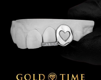 Custom Double Cap Grillz - Heart Cut Out Canine, CZ Tip Incisor  - 10k, 14k, Silver - Yellow, White, Rose - Grillz for Women - 2 Teeth