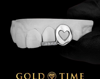 Custom Double Cap CZ Incisor Tip with Heart Window Cut Out Canine  - 10k, 14k or Silver - Yellow, White, Rose - High Polish Finish