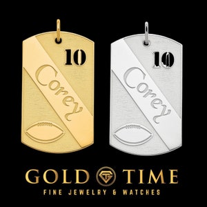 Personalized Football Dog Tag Pendant in Sterling Silver or Gold Plated | Custom Name & Jersey Number Charm | Gift for Athlete or Sports Fan