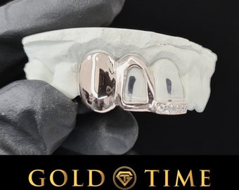 Triple Cap Open Face Canine with CZ Incisor Tip and Solid Bicuspid - 10k, 14k or Silver - Yellow, White, Rose - High Polish Finish