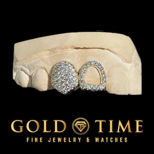 Double Cap Grillz with Open Face and Bustdown Moissanite – Custom Handmade Grill – Includes Mold Kit – 10K & 14K