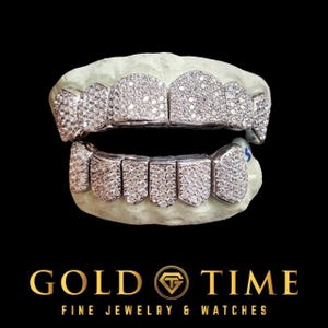 Custom 12-Piece Moissanite Grillz Set - Bustdown Handset Top & Bottom Perm Cuts - 10K 14K Gold or Silver