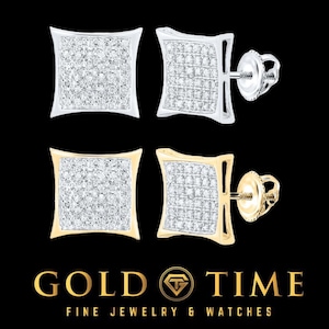 May include: A pair of square diamond earrings with a pave setting. The earrings are available in both white gold and yellow gold.