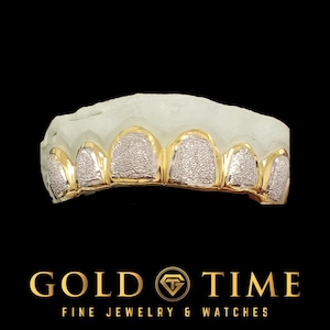 6 Piece Two-Tone Diamond Dust Box Grillz – Yellow & White Gold or Silver – Custom Handmade Grillz with Kit by Gold Time Killeen