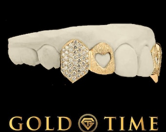 Custom Grillz Honeycomb CZ Canine Fangs with Diamond Dust Heart Cut Out Incisor Tips - Yellow, Silver, Rose Options