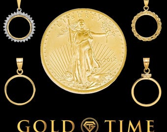 Colgante de moneda American Eagle de oro de 22 k con bisel de 14 k - Collar con moneda de oro de 1/10 oz - Tapa de rosca y bisel de garra - Opciones de diamantes y cuerda
