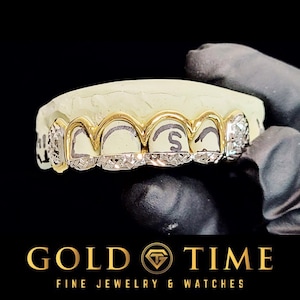 6 Tooth Two Tone Open Face Grillz - Trillion Tips and Diamond Cut Canines - Custom Gold or Silver Grillz - Includes Mold Kit - Made to Order
