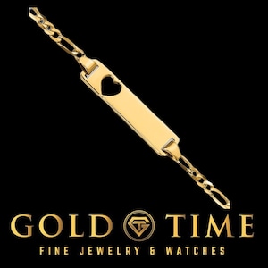 14k Gold Kids ID Bracelet with Heart Cut-Out – Engravable Front & Back – Figaro Chain – 5.5” or 6” – Custom Baby Name Jewelry