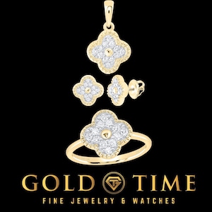 10K Gold Diamond Clover Jewelry Set – Four-Leaf Clover Pendant, Earrings & Ring – Lucky Clover Gift