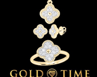10K Gold Diamond Clover Jewelry Set – Four-Leaf Clover Pendant, Earrings & Ring – Lucky Clover Gift