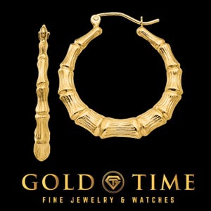 14K Yellow Gold Bamboo Hoop Earrings – Lightweight Polished Hoops in 20mm, 33mm, or 54mm – Gift Box Included
