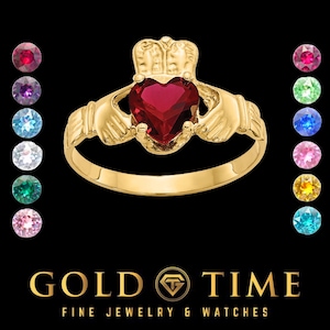 14K-Claddagh-Ring aus Massivgold mit herzförmigem Geburtsstein – Traditionelles Irisches Symbol für Liebe, Loyalität & Freundschaft – Größen 3-7