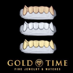 Custom 6 Piece Solid Grillz with Canine Fangs – Made to Order in Silver, Gold Plated, 10K or 14K Gold, Includes Impression Kit