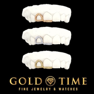 Custom Handmade Grillz Double Cap Fully Iced CZ Open Face Incisor with Front Tips  - 10k, 14k or Silver - Yellow, White, Rose