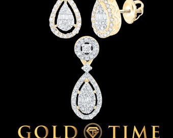 10K Gold and Diamond Teardrop Pendant & Earrings Set - 3/8 CTTW Round and Baguette Diamonds - Elegant Fine Jewelry - Yellow or White Gold