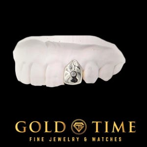 Single Cap Grillz with Center Solitaire CZ – Custom Handmade Tooth Cap – Silver, 10K or 14K Gold – Impression Kit Included