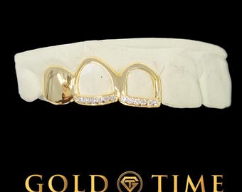 Grillz personalizado - Triple tapa con puntas de moissanita abiertas, tapa sólida