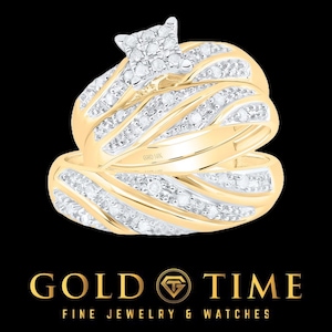 Conjunto de anillo de compromiso y alianza de boda de oro amarillo o blanco de 10 quilates con diamantes - Diamantes redondos naturales de 1/3 quilates - Joyería nupcial - Ajustable