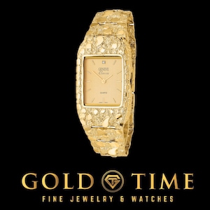 10K Solid Gold Nugget Watch for Men – Square Face Quartz Timepiece – 8" Bracelet Style USA Made