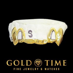 Custom Gold Grillz – 6-Piece Solid Front Tips with Open Face Incisors & Solid Canine Fangs – Silver, 10K, 14K - Yellow, White, or Rose Gold