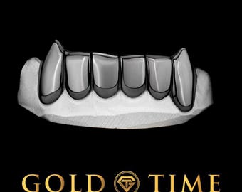 Grillz personalizados hechos a mano – Colmillo canino de rodio negro, juego de 6 piezas