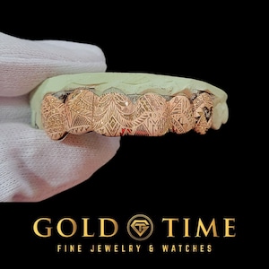 6-Piece Custom Grillz – Polynesian Tribal Engraving – Handmade Design in 10K or 14K Gold or Silver – Impression Kit Included – Island Style