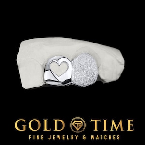 Grillz de doble diente personalizado / Recorte en forma de corazón y acabado en polvo de diamante