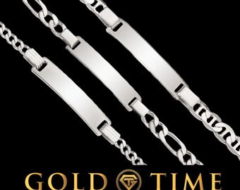 May include: Three silver chain bracelets with a blank rectangular tag. The tags are attached to the chains with a silver clasp. The bracelets are arranged in a staggered pattern. The image includes the text "GOLD TIME FINE JEWELRY & WATCHES".