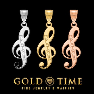 Custom Music Note Pendant – Personalized Treble Clef Necklace in Sterling Silver, Gold or Rose Gold – Engraved Name Jewelry Gift