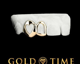Custom Handmade Grillz - Double Caps Open Face Incisor with Heart Cut Out Canine - Silver, 10k, 14k Gold - Yellow, White, Rose - Luxury