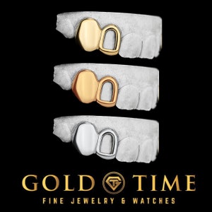 Grillz doppio cappuccio personalizzato Open Face Incisivi canini solidi - Argento, oro 10k, 14k - Include kit di impronte gratuito - Opzioni giallo, bianco, rosa