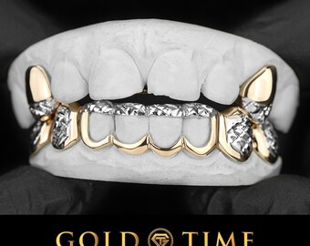 Custom Grillz Open Window with Diamond-Cut Design Set - Customizable - 2 Top 8 Bottom Teeth 8k, 10k, 14k, Gold-Plated Silver, 925 Silver