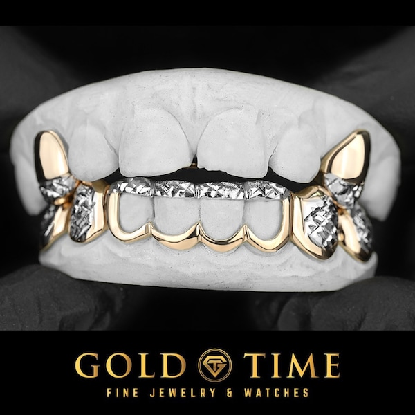 Custom Grillz Open Window with Diamond-Cut Design Set - Customizable - 2 Top 8 Bottom Teeth 8k, 10k, 14k, Gold-Plated Silver, 925 Silver