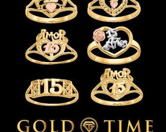 Anillo de Quinceañera de Oro de 14 Quilates - 15 Años Heart & Amor Designs - Sweet 15 Quince